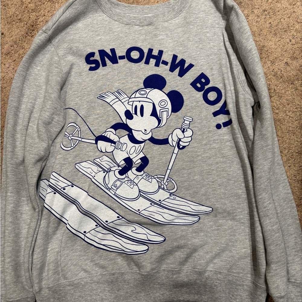 Disney Gray Mickey Mouse Skiing Crewneck Sweater